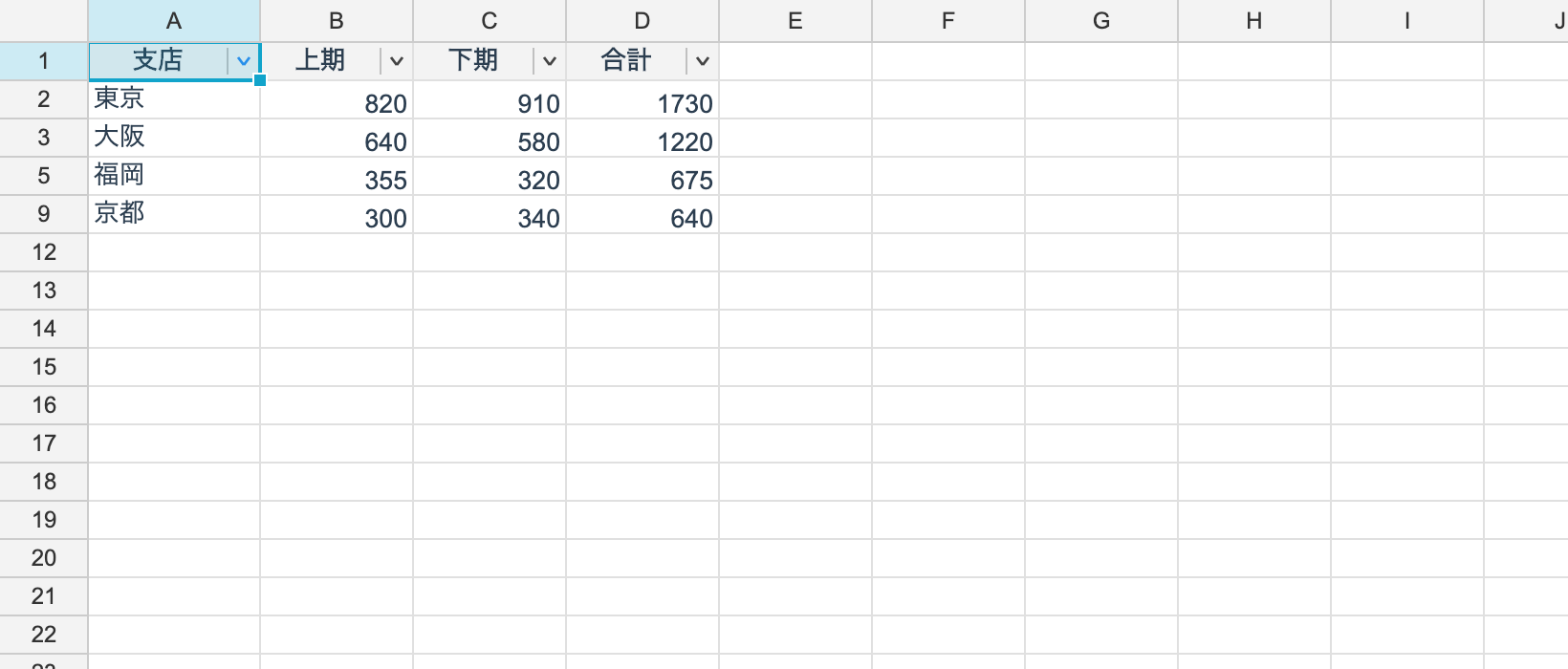 A filter in effect: a button on the header, non-matching rows hidden