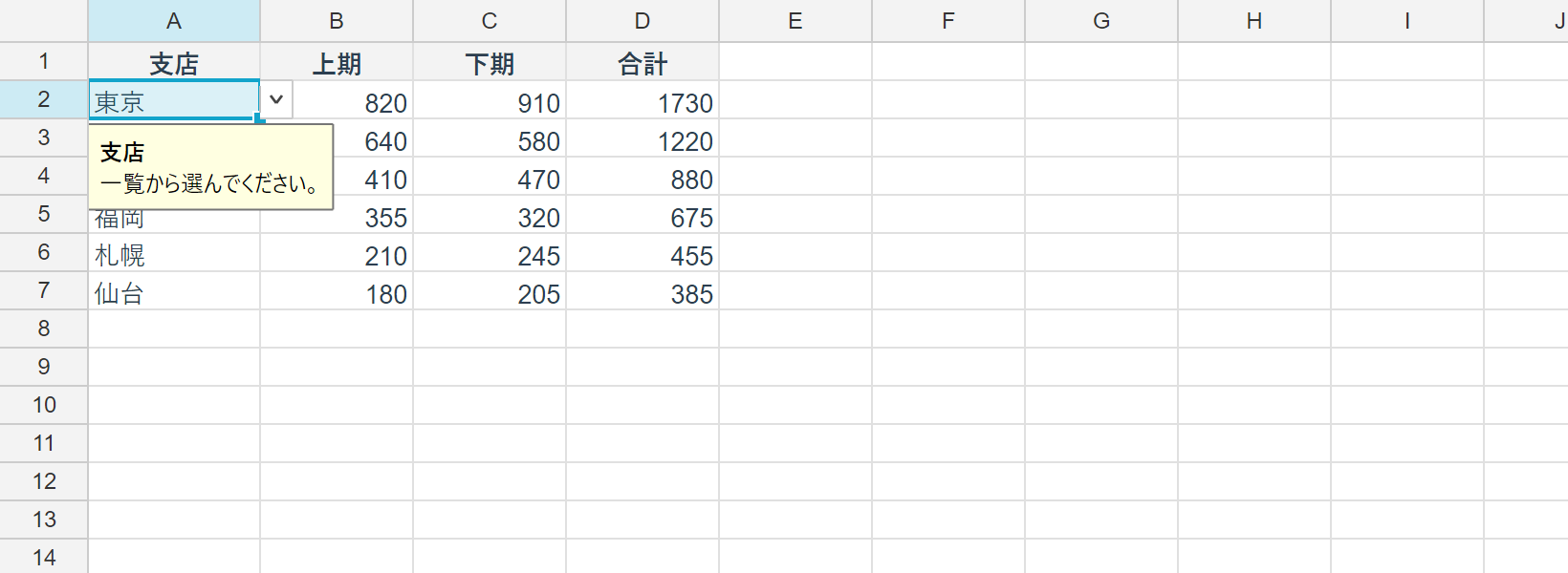 A column with a list rule: the selected cell shows a dropdown arrow and its input message