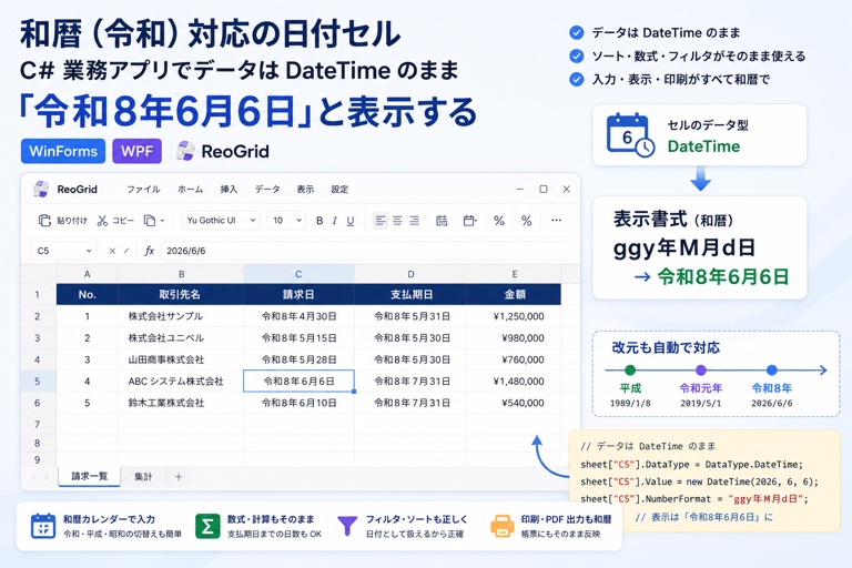 和暦（令和）対応の日付セル — C# 業務アプリでデータは DateTime のまま「令和8年6月6日」と表示する
