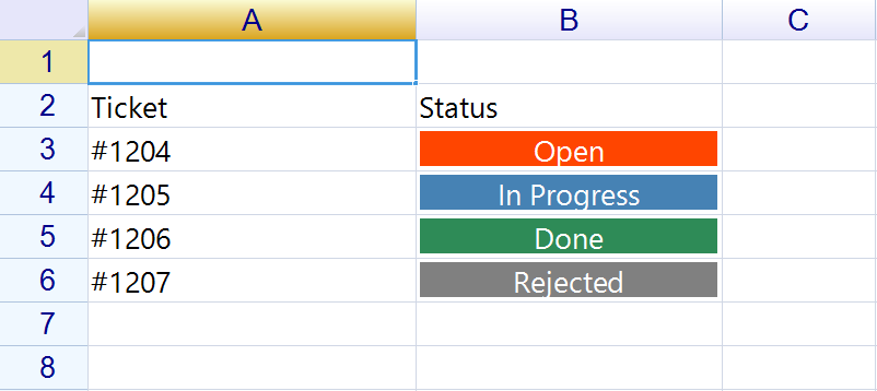 Open が赤橙、In Progress が青、Done が緑、Rejected が灰色のバッジとして、白い中央揃えの文字で描かれたステータス列