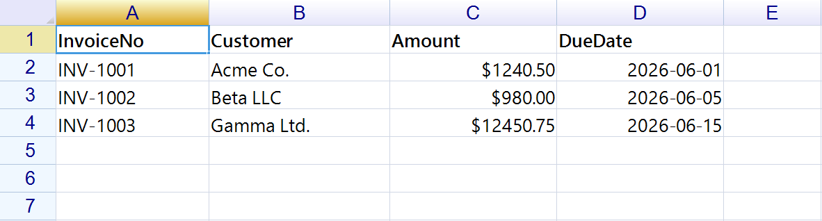 太字の見出し行と 3 行の明細を持つ請求書シート。金額は $1240.50 などの通貨表示、日付は 2026-06-01 形式