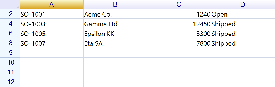 A filtered order table showing only the rows whose value is 1000 or more, with the row numbers skipping 2, 4, 6, 8