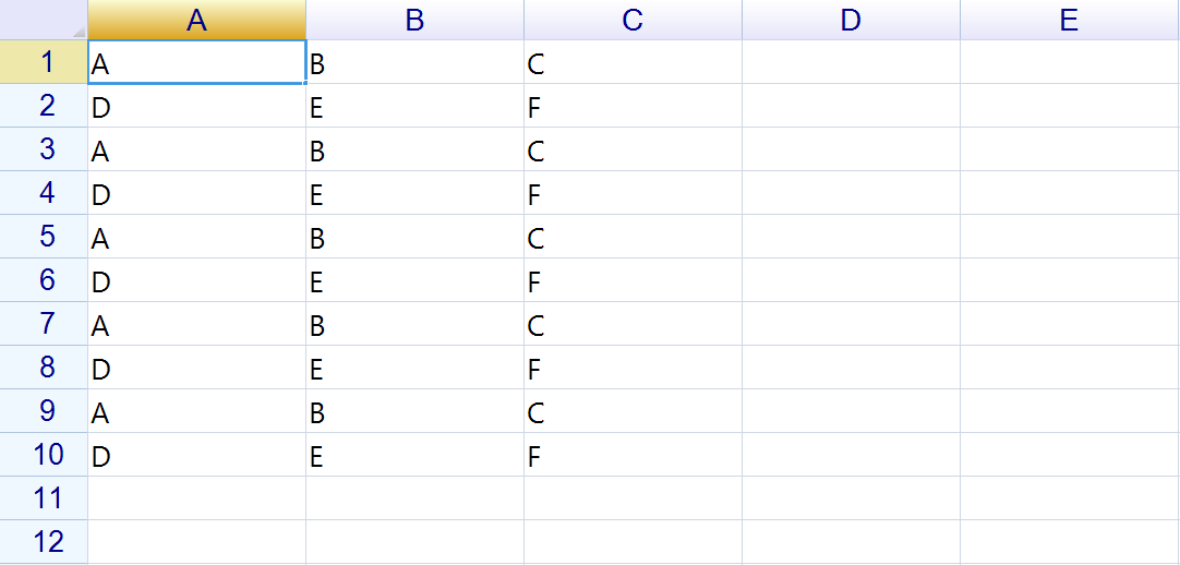 A B C の行と D E F の行が 10 行にわたって交互に並んだシート