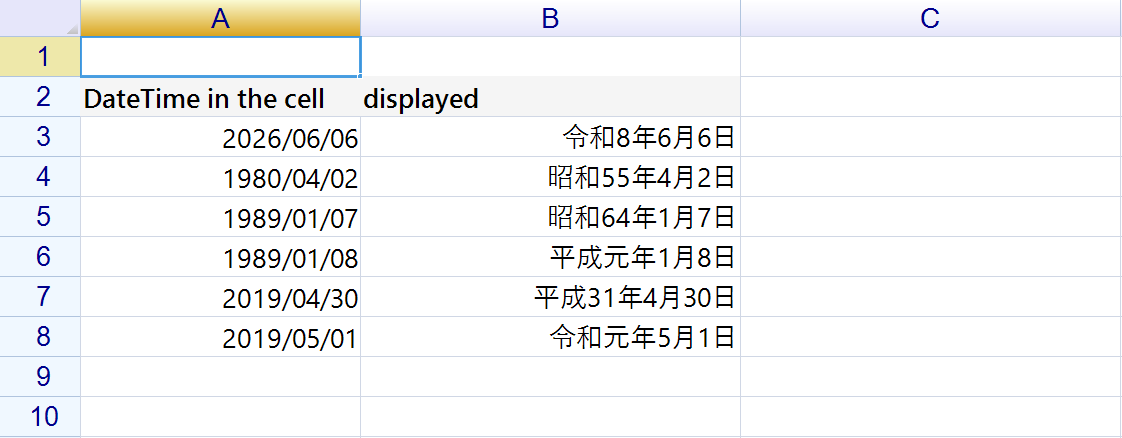 A sheet whose column A holds Western dates and column B the same values displayed as 令和8年6月6日, 昭和55年4月2日, 昭和64年1月7日, 平成元年1月8日, 平成31年4月30日 and 令和元年5月1日